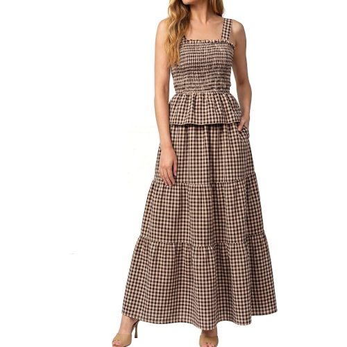 Glamaker Womens 2 Piece Skirt Sets Summer Gingham Plaid Tank Tops Maxi Skirt Casual Travel Vacation Outfit with Pocket