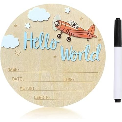 Baby Announcement Sign, 5.9 Inch Wooden Hello World Newborn Sign,Welcome Baby Signs,Birth Announcement Signs,Newborn Name Personalized for Photo Prop Vintage Airplane Design Hospital Nursery (Blue)