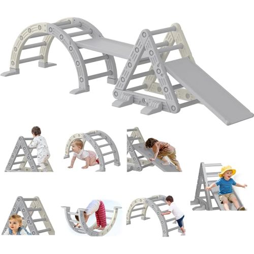 Garvee 9-in-1 Triangle Set, HDPE PP Plastic Climbing Set, Durable 1-8 Toddler Climbing Toys Indoor with Arch, Ramp, Ladder & Slide, Indoor Playground Jungle Gym Playset, White