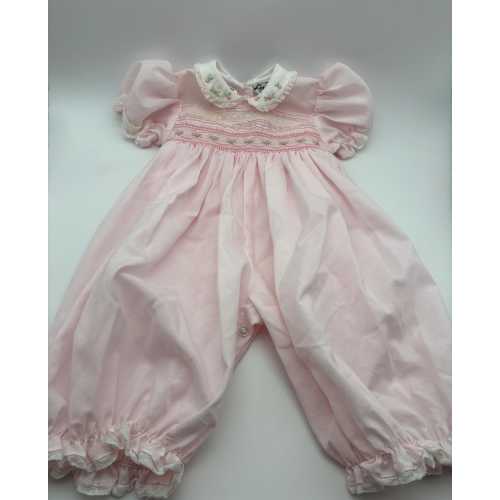 Vintage Smocked Romper 6 months -- Heirloom Special Occasion Outfit by Sarah Louise -- Pink, Lace