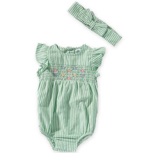 Little Me Baby Girls Organic Cotton Flutter-Sleeve Striped Floral-Smocked Bodysuit