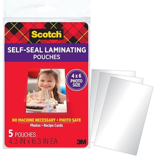 Scotch Self-Sealing Laminating Pouches, 4 x 6 Inches, 30 Pouches (6 Packs of 5) – Gloss Finish, Photo Safe, No Machine Needed (Cold Laminating Sheets)