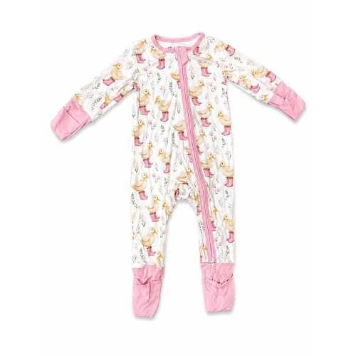 Duck Bamboo Zipper Romper for Babies | Soft Breathable Baby Pajamas | Double Zipper Sleeper | Neutral & Pink Duck Print Baby Outfit