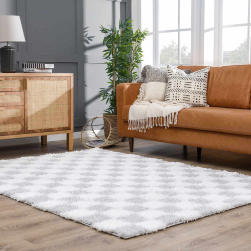 Atiran Checkered Plush Pile Gray Area Rug