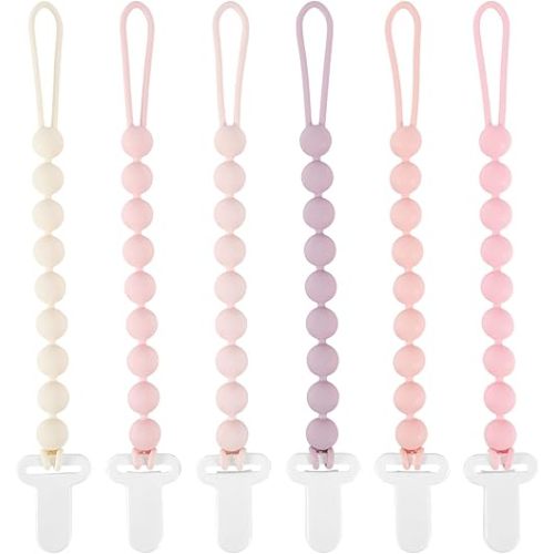 MINMUNJIU Pacifier Clips Baby Girl, 6 Pack One Piece Flexible Soft Binky Clips Silicone Pacifier Holder Clip for Girls, Baby Girl Newborn Essentials