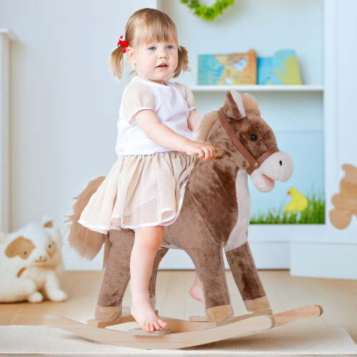 Qaba Kids Rocking Horse, Ride on Horse for Toddlers with Soft Plush Body, Wooden Base, Handle Grip for 3+ Year Old Boys and Girls, Brown