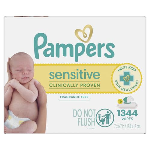 Pampers Sensitive Baby Wipes, Clinically Proven, Fragrance Free, Unscented, Water Based, Hypoallergenic, Multi-Use, Hand Wipes 1344 Wipes Total (24X Flip-Top Packs) [Packaging May Vary]