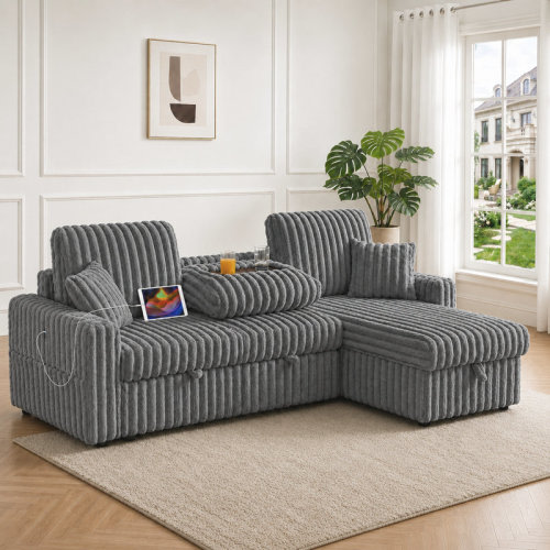 Mercer41 81" Reversible Sleeper Sofa Bed With Storage Chaise, 3-in-1 L-shaped Pull-out Couch Featuring Charging Station, Cup Holder & Side Pocket, Plush Corduroy Upholstery For Living Room Comfort & Reviews | Wayfair