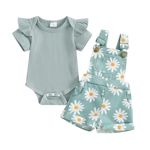 Rtnnsbbfcm Newborn Baby Girl Clothes Summer Outfit Short Sleeve Ribbed Romper Floral Suspender Overalls Shorts Set