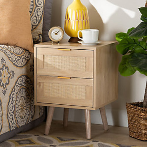 Baxton Studio Baird Light Oak and Rattan 2-Drawer Nightstand
