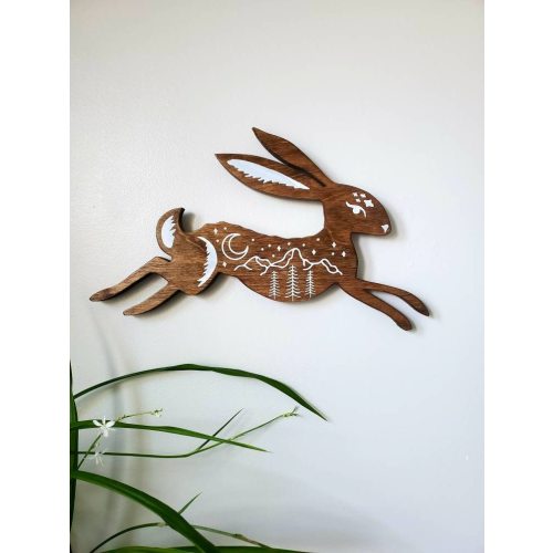 rabbit decor, wood wall art, celestial moon and stars decor, gender neutral nursery gift, boho wall art rustic mountain sign,  woodland art