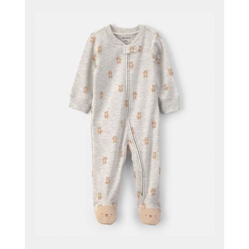 Baby Teddy Bear Cotton 2-Way Zip Sleep & Play Pajamas - Grey