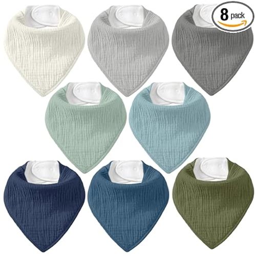 8 Pack Muslin Baby Bandana Bibs for Drooling and Teething | Absorbent Cotton Drool Bib for Baby Boy Girl, Easy Adjustable Bibs for Newborn Infants Toddlers, 0-36 Months, Sage Ice Blue