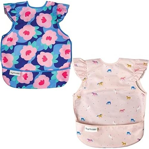 Tiny Twinkle Mess Proof Baby Bibs | 2 Pack Waterproof Toddler Bib for Eating | Baby Apron for Feeding, Machine Washable, Perfect Shower Gift (Blue Floral,Unicorn, 6–24M)