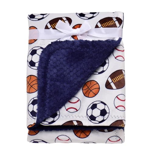 2 Ply Silky Baby Blanket, Reversible to Plush Fabric, Sports Print (Navy Blue, 30 in. x 40 in.) Baseball, Soccer, Basketball, Football