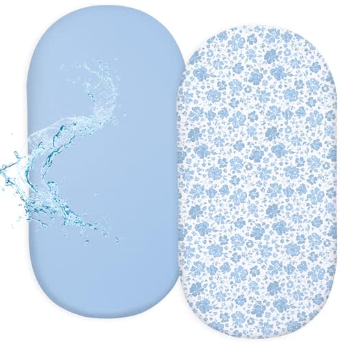 FIOBEE Baby Bassinet Sheets for Girls Boys 2 Pack Waterproof Bassinet Mattress Elastic Fitted Crib Sheets Universal Fit for Hourglass Oval and Rectangle Bassinet Sheet, Blue