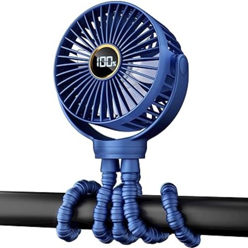 Portable Stroller Mini Fan, Small Rechargeable Personal Fan, Travel Essentials for Baby, Wagon, Car Seat, Treadmill, Battery Powered Biking Gear Accessories, 360° Rotation, 3-Speed, Display, Blue