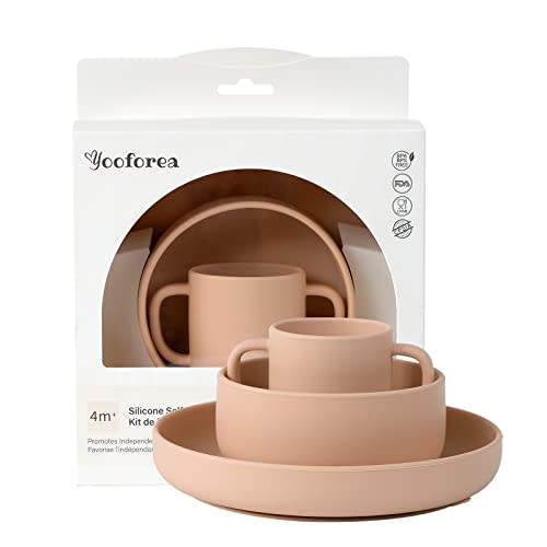 YOOFOREA Baby Led Weaning Supplies I Toddler Infant Baby Essentials First Stage I Baby Feeding Set - Tiny Cup, Suction Bowl & Plate I 100% Platinum Food Grade Silicone I BPA BPS PVC Free - Honey