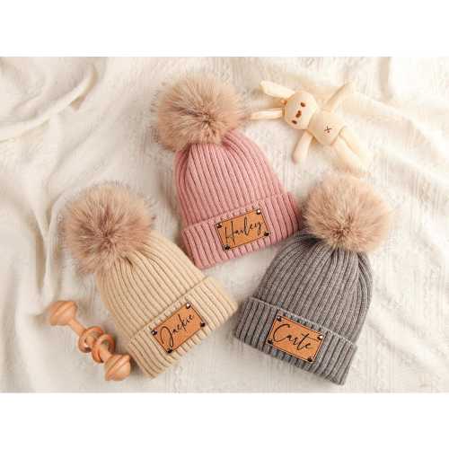 Personalized Pom-Pom Beanie with Name Patch - Knit Baby/Adult Hat
