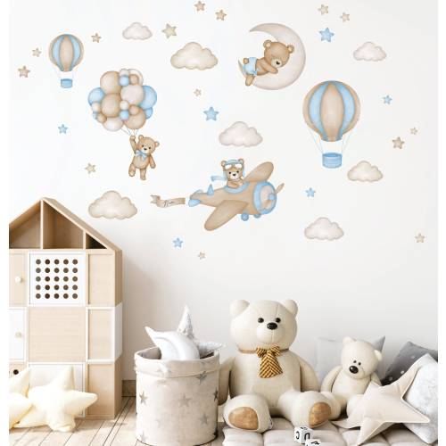 Personalised Teddy bear with air balloons, Nursery wall decal, Kids wall decal, Watercolor animals, Hot air balloon, Airplane wall sticker