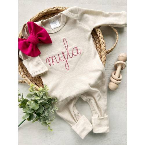 Baby Girl Going Home Outfit Personalized Oatmeal and Pink vintage stitch girl romper with bow or turban, baby shower gift newborn hospital