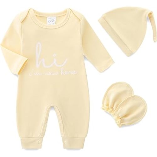 Newborn Baby Romper Cotton Coming Home Outfits Hi Im New Here with Hat Gloves Long Sleeve Solid Onesie
