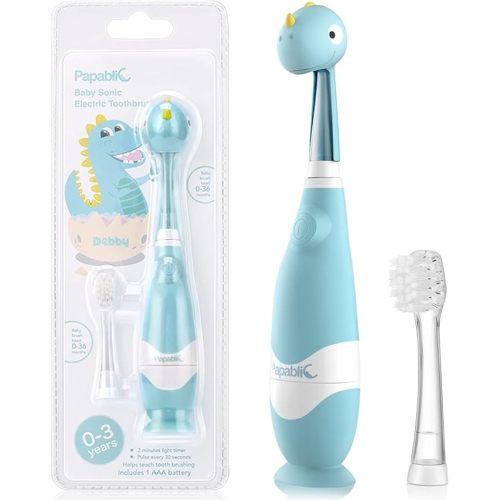 Papablic Toddler Sonic Electric Toothbrush Kids for Ages 2-5 Years, Baby Electric Toothbrush with Cute Dino Cover and Smart LED Timer, 2 Brush Heads (Debby)