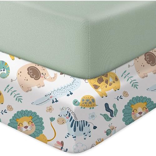 Baby Crib Sheets 2 Pack for Boys and Girls Fit for Standard Crib Toddler Mattress Breathable Soft Microfiber Baby Sheet 28x52x8in (Lion & Green)