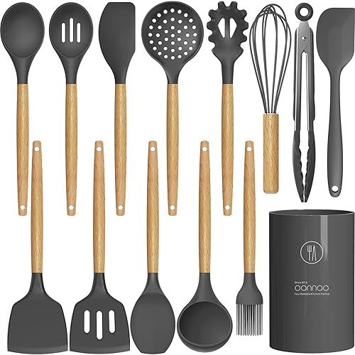 Silicone Cooking Utensils Kitchen Utensil Set - 446°F Heat Resistant Silicone Kitchen Utensils Set, Spatula,Turner Tongs, Spoon, Brush, Whisk,Kitchen Gadgets for Nonstick Cookware, BPA Free (Gray)