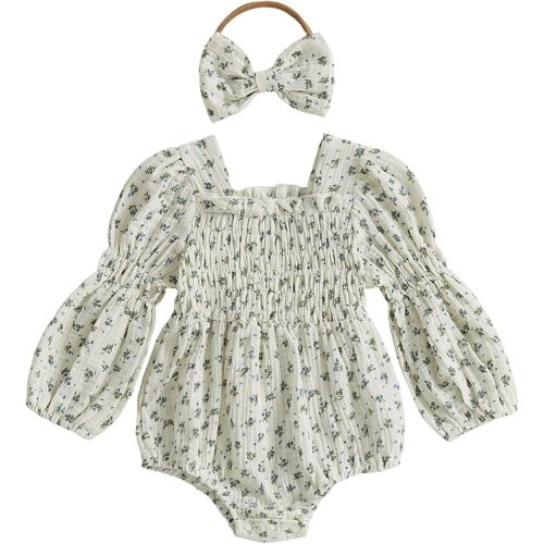 Smocked Baby Girl Clothes Newborn Girl Bubble Romper Long Sleeve Jumpsuit And Headband Outfit Cute Infant Clothing