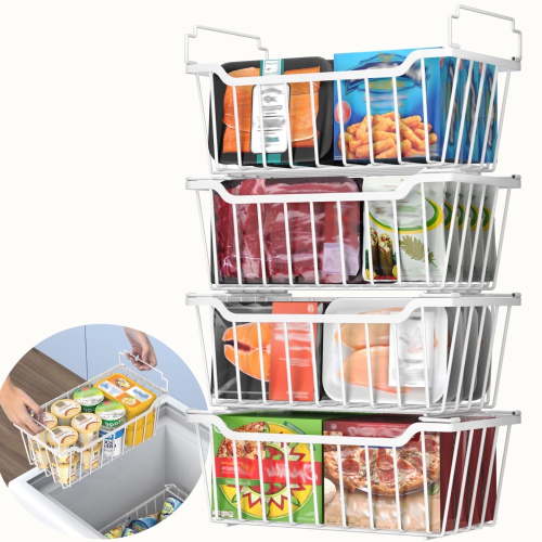 SUNALLY Freezer Organizer Bins 4 Pack, Stackable Freezer Baskets with Foldable Handle for 3.5-7 Cu.FT Deep Chest Freezer Organization, Coated Metal Storage Bins White