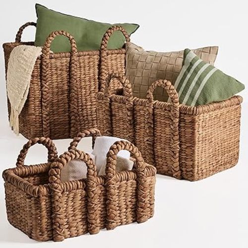 Best Choice Products 3Pc Shelf Baskets, Small, Large and XL Chunky Woven Wicker Rattan Storage Baskets w/Braided Handles, Organizer Bins for Blankets, Pillows, Shoes and Toys - Chestnut