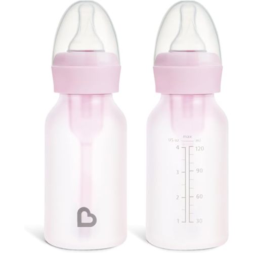 Munchkin Bond Silicone Coated Glass Baby Bottles - Anti-Colic Feeding System with Natural Feel Nipples, 4 Ounce, 2 Pack, Pink