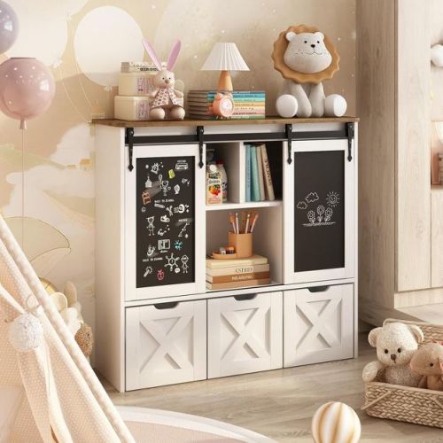 Toy Storage Organizer with Sliding Blackboard, Kids Bookcase with 3 Movable Drawers, Multifunctional Storage Cabinet