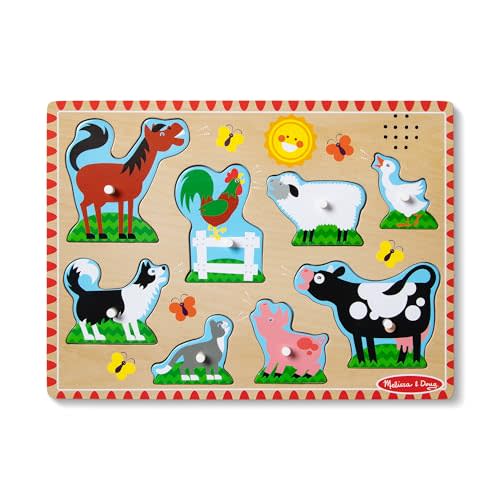 Melissa & Doug Farm Animals Sound Puzzle – 8-Piece Wooden Peg Puzzle with Light-Activated Sounds, Music Learning Toy for Toddlers and Preschoolers Ages 2+