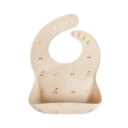 mushie Silicone Baby Bib | Adjustable Fit Waterproof Bibs (Cherries)