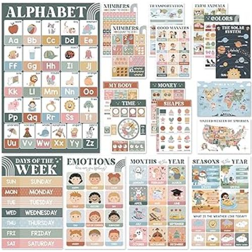 18 Modern Boho Pre K Educational Posters For Preschoolers, Laminated Kindergarten Learning Posters For Toddlers 1-3, Homeschool Classroom Kids Learning Posters For Walls, Preschool Learning Charts