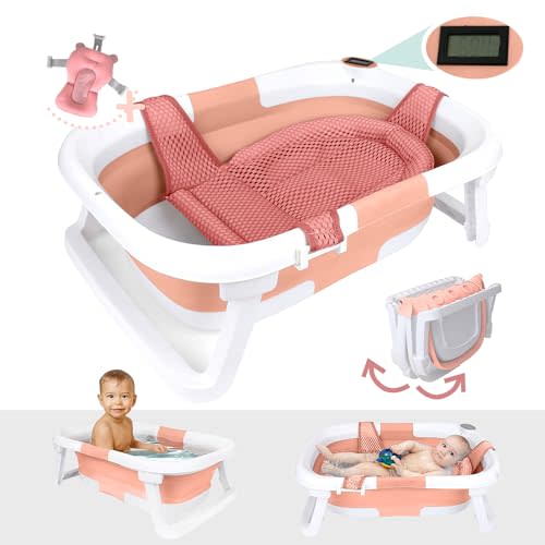 BEBELEH™ Collapsible Baby Bathtub with Thermometer – Bathtub + Baby tub Sling + Newborn Sling – Baby Bathtub Newborn to Toddler 0-24 Months – The Ultimate Baby Bath tub! (with Thermometer,Pink)