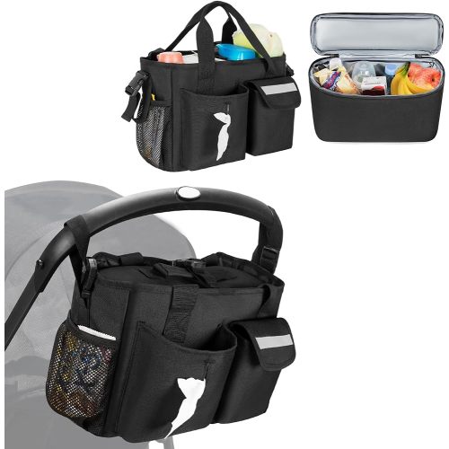 Universal Stroller Organizer with Cooler, Wagon Storage Attachment Fits for Handlebars Distance 14”-22”, with 2 Side Buckle Strap & Back Magic Tape Loops, Easy Carrying Handle Strap, Black