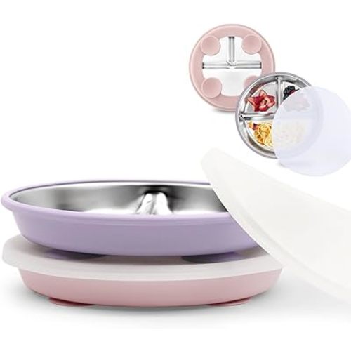 Stainless Steel Toddler Suction Plate with Lid, Deeper 9" Divided Plates with Removable Silicone Sleeves for Kids, Non Toxic & BPA Free | Unbreakable Baby Snack Dishes Set of 2, Pink & Lilac