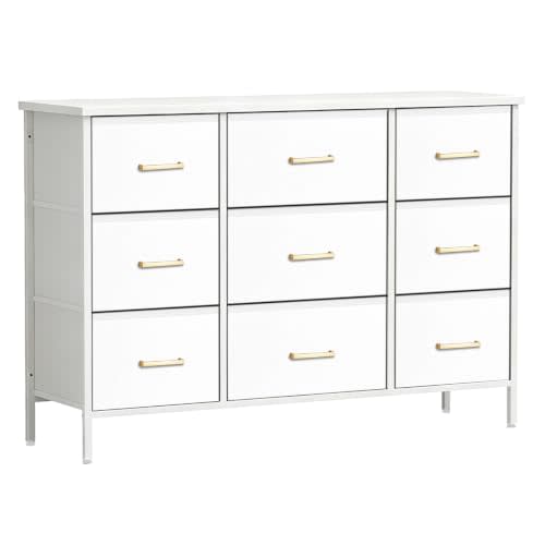VASICAR 43.3'' Wide TV Stand with 9 Drawers White Dressers for Kids Bedroom | Modern TV Console, Fabric Storage Cabinet, Chest of Drawers for Closet, Nursery, Dorm