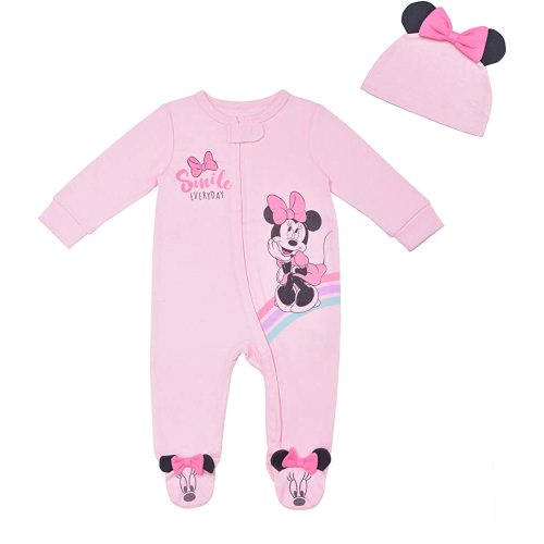 Disney Girl's Minnie Mouse Footed Coverall Bodysuit Creeper with Hat Set