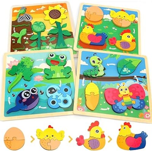 TOY Life Life Cycle Toys Puzzles for Kids, Wooden Puzzles for Toddlers 2-4, 4 Large Pieces Animal Puzzle for Toddlers 1-3, Montessori Toys for 1 2 3 Year Old Boy Girl, Baby Kids Educational Toy
