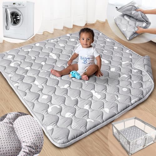 Beavtaens Baby Play Mat, 50x50 Playpen Mat with Super Soft Touch, Activity Mat with Upgraded Anti-Slip Bottom, Machine Washable Crawling Mat for Floor & Picnic (Boho Gray)