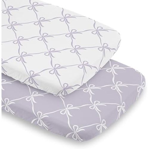 Sweet Jojo Designs 2-Piece Baby Bassinet Sheets Set (White and Purple Bows) for Girls, Infant Newborn Nursery, Oval, Rectangle & Hourglass Mattress (Princess, Lavender Bow, Vintage Coquette Aesthetic)