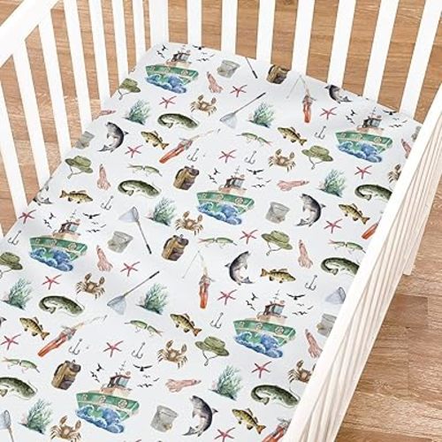 Watercolor Ocean Boats Fishing Baby Crib Sheets for Boy Girl 52"x28" Fishing Lovers Gift Fitted Crib Mattress Covers Sea Marine Bed Sheets for Standard Crib and Toddler Mattress