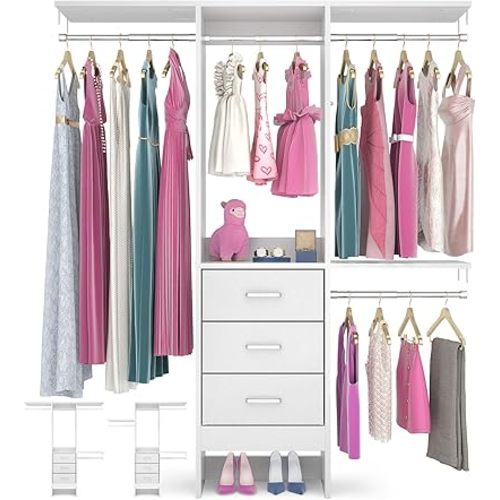 Besiost 4FT Small Closet System with 3 Fabric Drawers, 48'' Closet Organizer System With 3 Adjustable Shelves, Flexible Built-In Clothes Garment Rack for Small Space, 48" L x 13" W x 71" H, White
