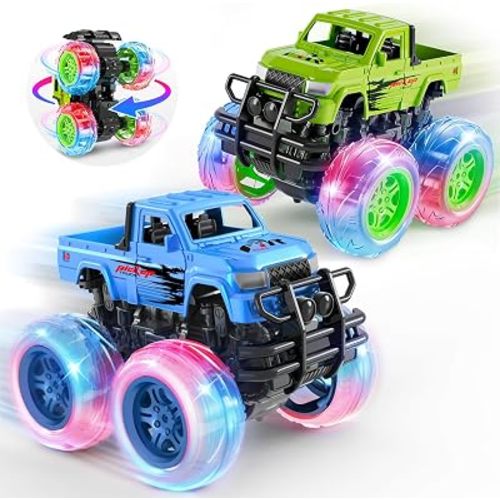 LODBY Monster Trucks Toys for Toddlers, Light-Up Trucks & Cars Toys for 2 3 4 5 6 Year Old Boy Christmas Birthday Gifts, Kids Push and Go Cars with Flashing Wheels (2 Pack)