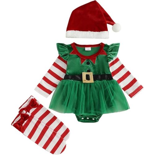 Baby Girls 1st Christmas Outfit Velvet Romper Tulle Dress Striped Stockings Santa Hat 3PCS Newborn Infant Clothes Set