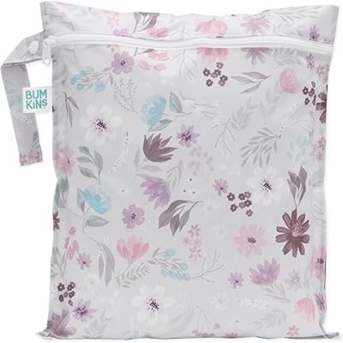 Bumkins Waterproof Wet Bag for Baby, Travel, Swim Suit, Cloth Diapers, Pump Parts, Pool, Beach, Gym Clothes, Toiletry, Hook to Stroller, Daycare, Zipper Reusable Wetdry Packing Pouch, Florals Gray